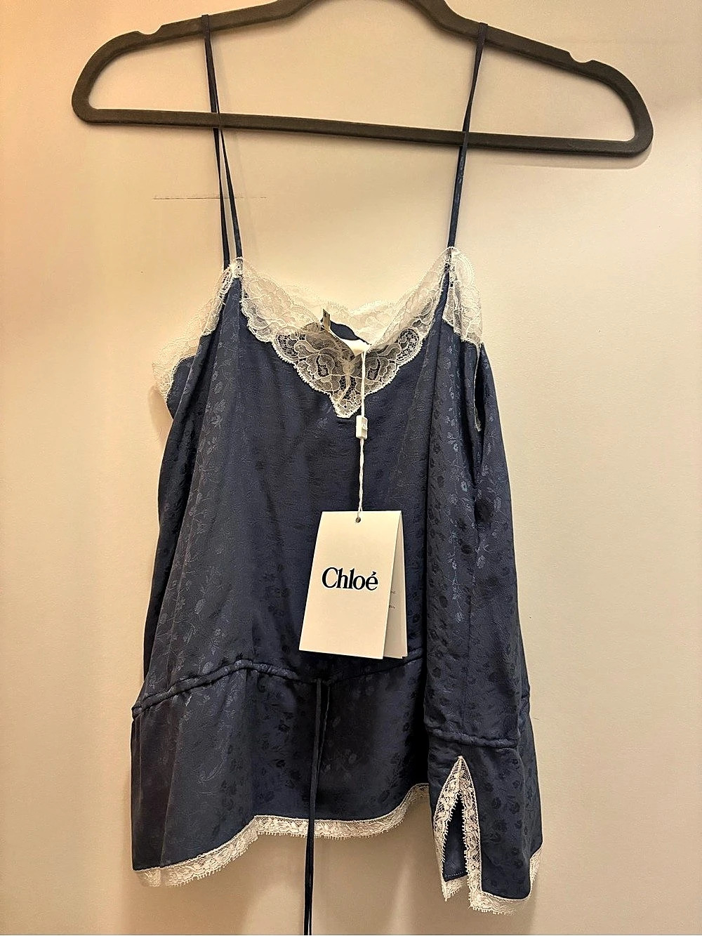 NWT Chloé Camisole top in silk jacquard & lace in Blue Size 34